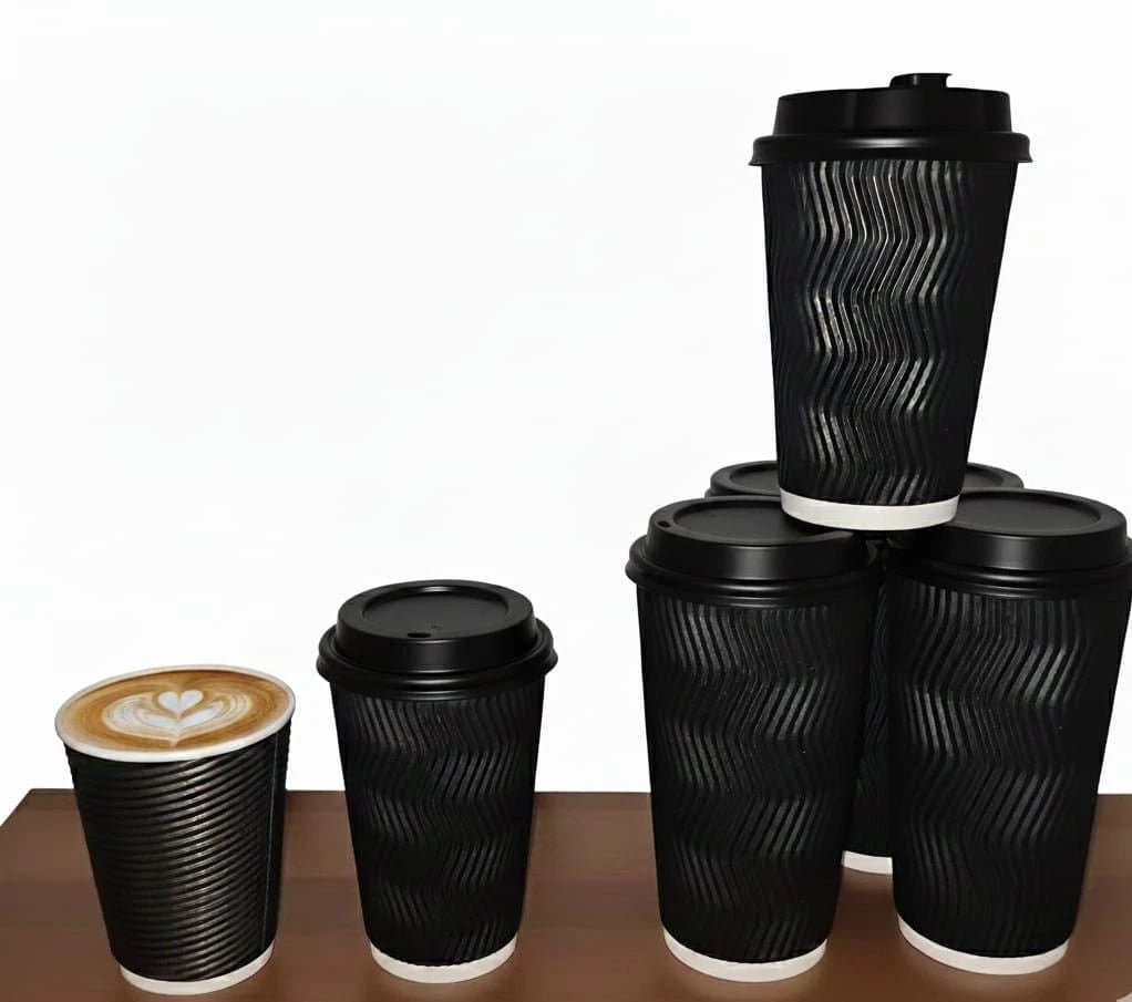 100 Cups 8oz, 12oz Disposable Coffee Cups Lids Insulated Paper Ripple Wall Cup