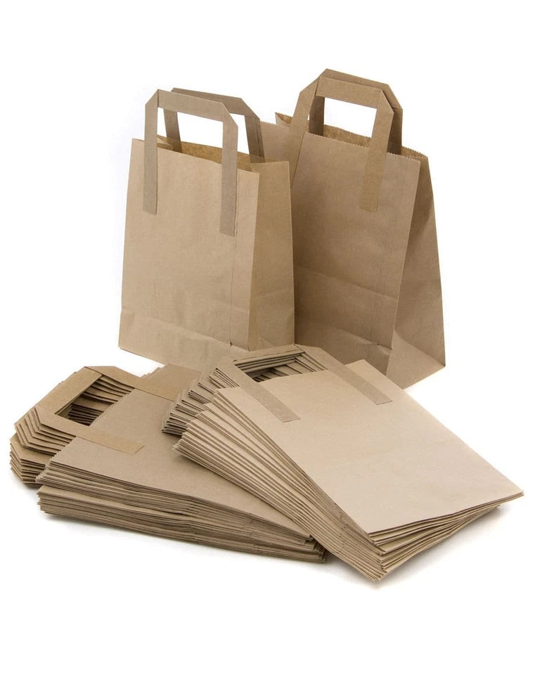 Brown Kraft Paper Bags SOS Food Carrier Bags With Handles Parties Takeaway