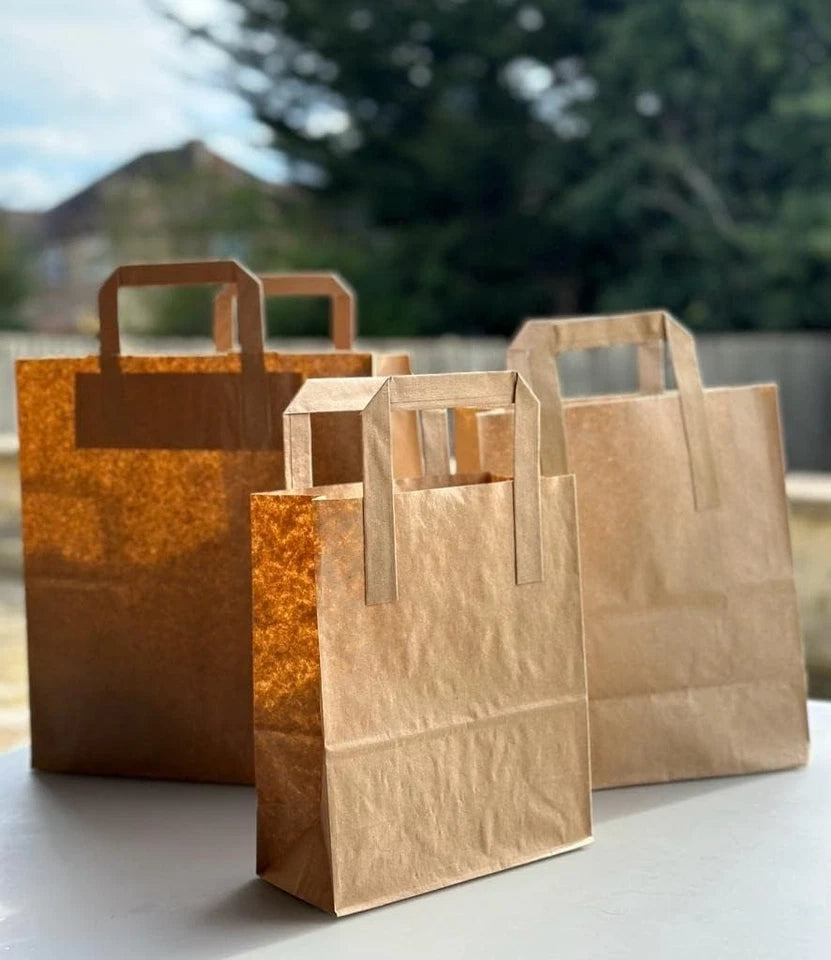 Brown Kraft Paper Bags SOS Food Carrier Bags With Handles Parties Takeaway