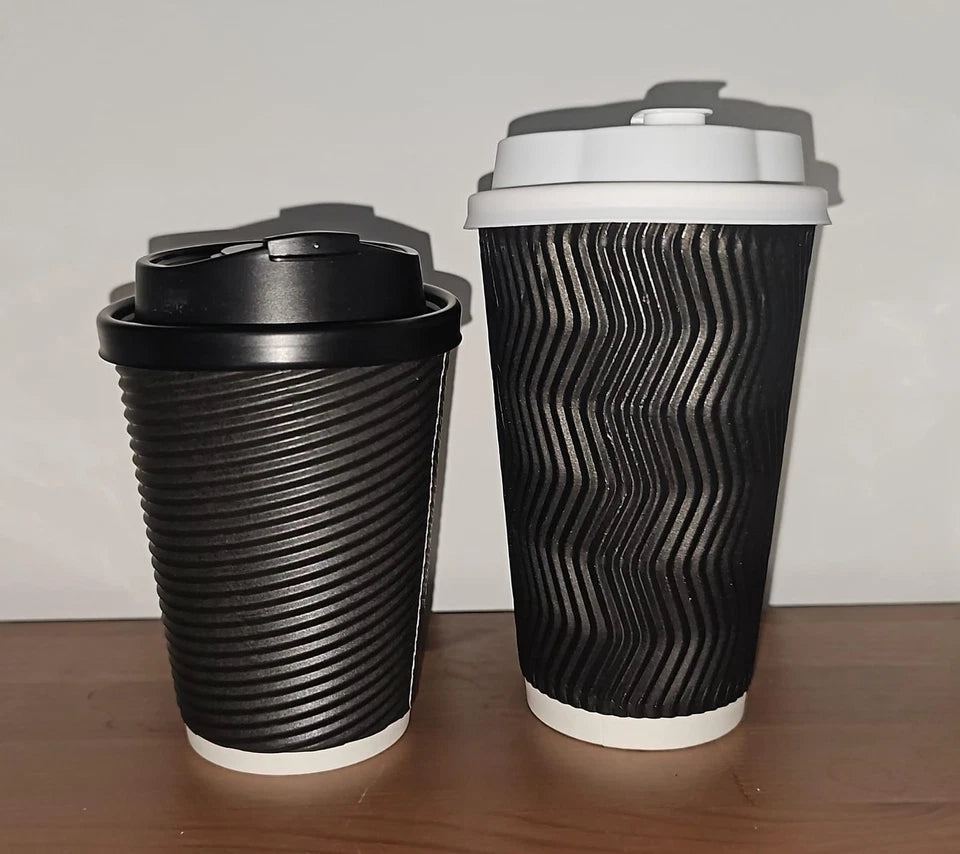 100 Cups 8oz, 12oz Disposable Coffee Cups Lids Insulated Paper Ripple Wall Cup